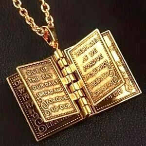 Gold Holy Bible Necklace Lords Prayer Christian Jesus Jewelry Christmas Birthday
